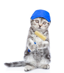 Funny kitten with blue cap holding paint roller and looking at camera. isolated on white background