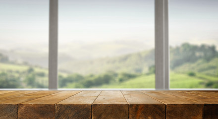 Desk of free space and window background 