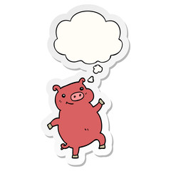 cartoon dancing pig and thought bubble as a printed sticker