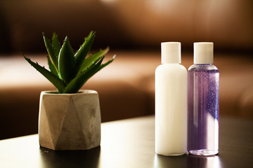 Shower supplies. Composition cosmetic products of spa treatment.