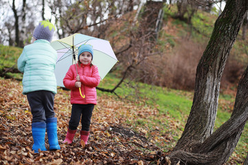 Children walk in the autumn park