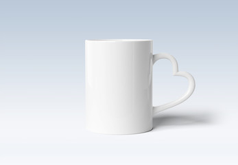 Blank mug mockup with heart handle isolated on grey background 3d rendering