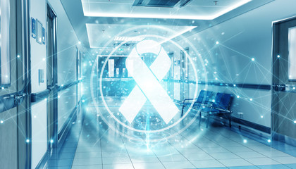Hospital blue corridor with digital aids ribbon floating in dots connections 3D rendering