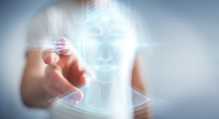 Businessman using digital artificial intelligence head interface 3D rendering