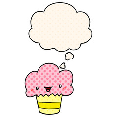 cartoon cupcake with face and thought bubble in comic book style
