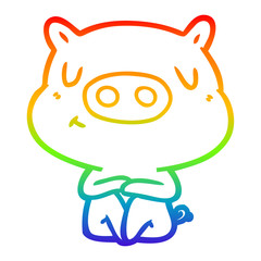 rainbow gradient line drawing cartoon content pig meditating