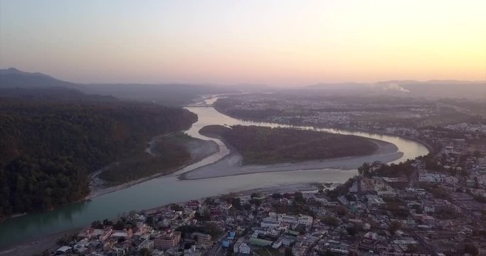 AERIAL: Ganga river in Rishikesh India