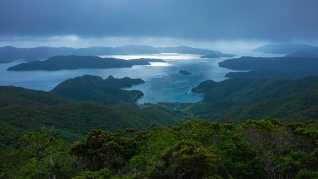 A timelapse of Takachiyama observatory near the blue ocean in Amami oshima Kagoshima cloudy panning