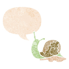 cartoon snail and speech bubble in retro textured style