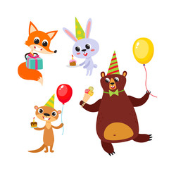Collection of cartoon animals with gifts, balloons isolated on white.