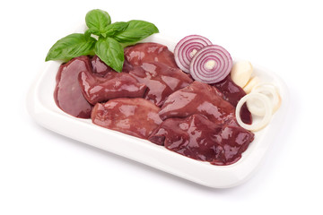 Raw Chicken livers, ingredients for cooking, fresh eco food, close-up, isolated on white background