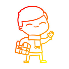 warm gradient line drawing cartoon smiling boy with gift