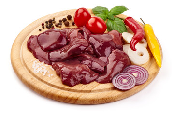 Raw Chicken livers on a cutting board, Fresh offal, close-up, isolated on white background