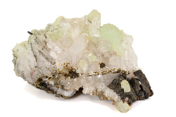 Macro stone mineral Prehnite Babingtonite On a white background