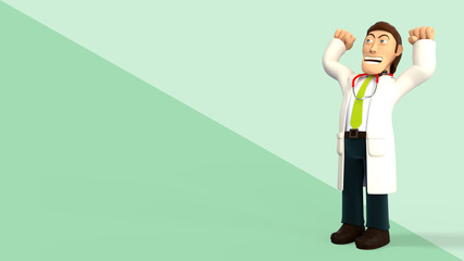 Cartoon 3d doctor with a stethoscope smiling and celebrating victory with his arms up on a green diagonal splitted background 3d rendering