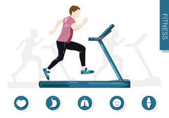 Man running on a treadmill Vector flat style. Cardio healthy lifestyle templates