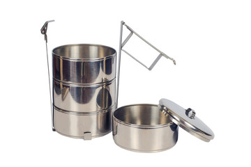 Stainless steel food carrier or tiffin food container on white background.
