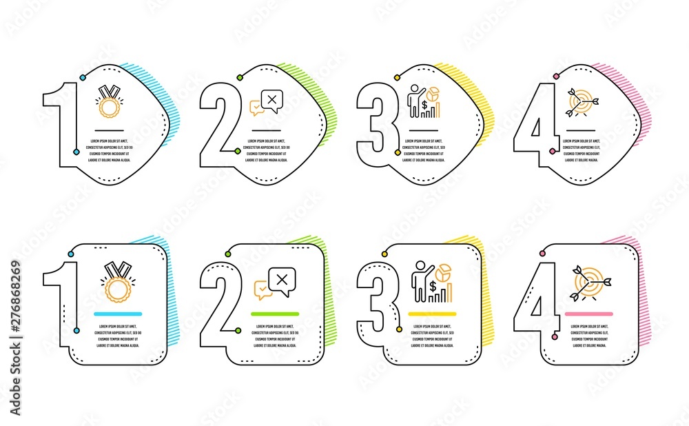 Poster reject, honor and seo statistics icons simple set. target sign. delete message, medal, analytics cha