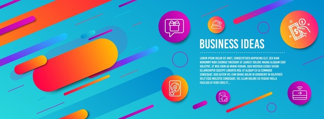 Header banner. Hdd, Strategy and Payment method icons simple set. Wish list, Santa hat and Contactless payment signs. Memory disk, Puzzle. Business set. Line hdd icon. Gradient elements. Vector