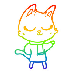 rainbow gradient line drawing calm cartoon cat wearing scarf