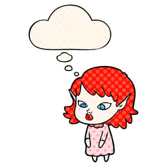 cartoon elf girl with pointy ears and thought bubble in comic book style