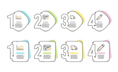 Trade chart, Web report and Truck delivery icons simple set. Pencil sign. Market data, Graph chart, Express service. Edit data. Business set. Infographic timeline. Line trade chart icon. Vector