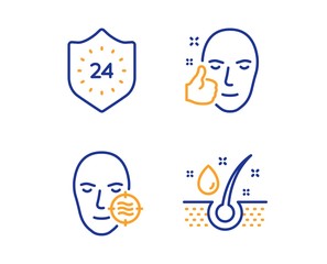 Healthy face, Problem skin and 24 hours icons simple set. Serum oil sign. Healthy cosmetics, Facial care, Protection. Beauty set. Linear healthy face icon. Colorful design set. Vector