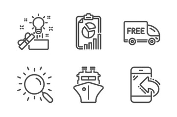 Report, Ship and Search icons simple set. Free delivery, Creative idea and Incoming call signs. Presentation chart, Shipping watercraft. Business set. Line report icon. Editable stroke. Vector