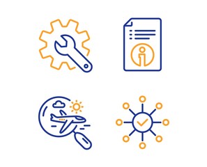 Technical info, Search flight and Customisation icons simple set. Survey check sign. Documentation, Airplane trip, Settings. Correct answer. Business set. Linear technical info icon. Vector