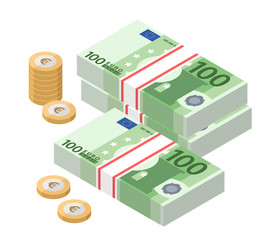 Isometric stacks of 100 euro banknotes. Paper money and coins. One hundred bills. European currency notes. Vector illustration.