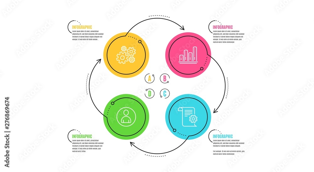 Poster avatar, graph chart and cogwheel icons simple set. infographic timeline. technical documentation sig