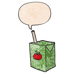 cartoon apple juice box and speech bubble in retro texture style