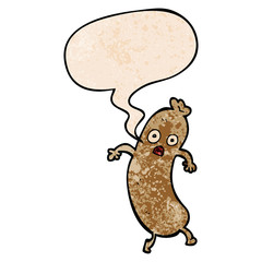 cartoon sausage and speech bubble in retro texture style