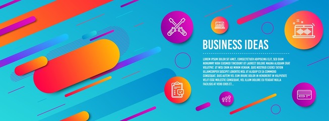 Header banner. Web analytics, Music making and Screwdriverl icons simple set. Customer satisfaction, Checklist and Credit card signs. Statistics, Dj app. Business set. Line web analytics icon. Vector