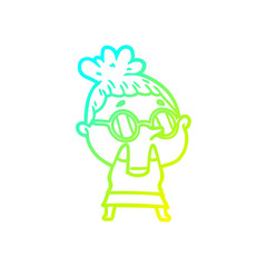 cold gradient line drawing cartoon woman wearing glasses