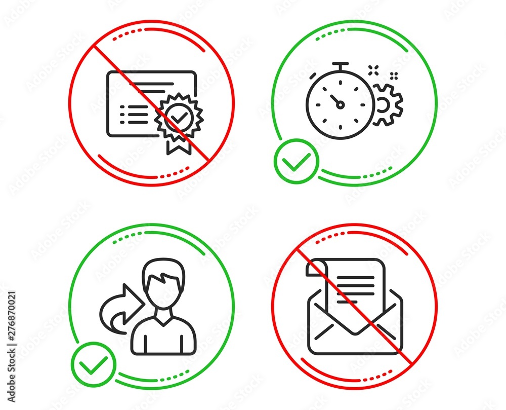 Aufkleber do or stop. share, cogwheel timer and certificate icons simple set. mail newsletter sign. male user,