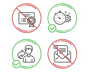 Fototapeta premium Do or Stop. Share, Cogwheel timer and Certificate icons simple set. Mail newsletter sign. Male user, Engineering tool, Verified document. Open e-mail. Business set. Line share do icon. Vector