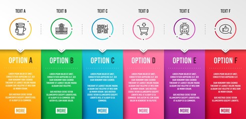 Parking place, Train and Tea icons simple set. Hospital building, Online market and Feedback signs. Transport, Tram. Business set. Infographic template. 6 steps timeline. Business options. Vector