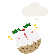 cute cartoon christmas pudding and thought bubble in retro style
