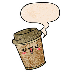 cartoon take out coffee and speech bubble in retro texture style