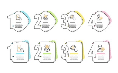 Seo target, Receive money and Sale icons simple set. Person idea sign. Click aim, Cash payment, Discount. Lamp energy. Business set. Infographic timeline. Line seo target icon. 4 options or steps