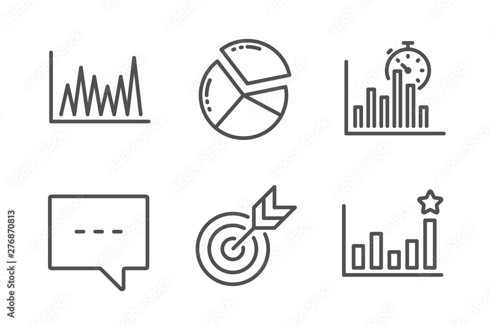 Poster line graph, target and report timer icons simple set. blog, pie chart and efficacy signs. market dia