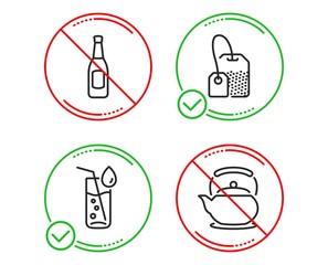 Do or Stop. Tea bag, Beer and Water glass icons simple set. Teapot sign. Brew hot drink, Pub alcohol, Soda drink. Tea kettle. Food and drink set. Line tea bag do icon. Prohibited ban stop. Good or bad