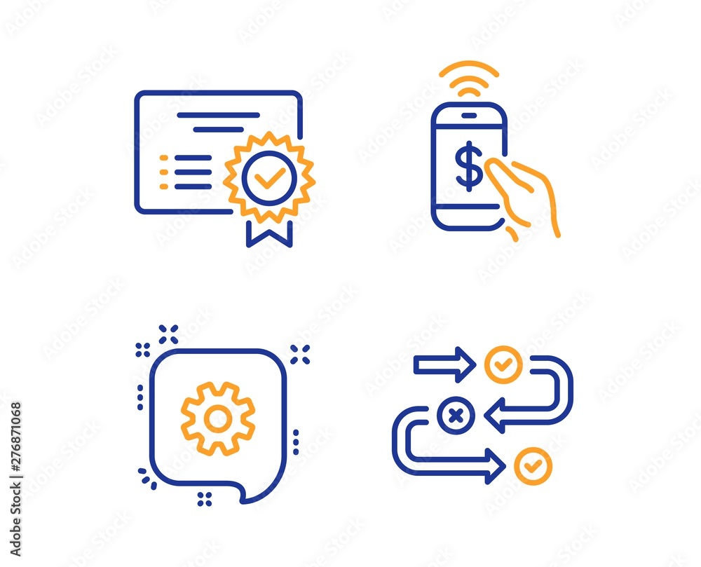 Aufkleber certificate, cogwheel and phone payment icons simple set. survey progress sign. verified document, e