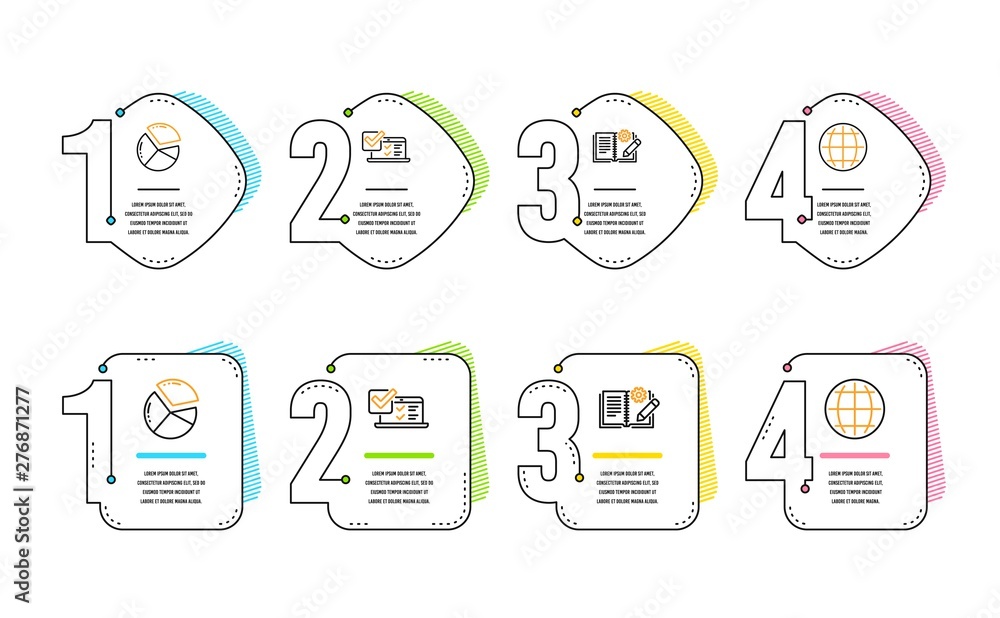 Poster online survey, pie chart and engineering documentation icons simple set. globe sign. quiz test, pres