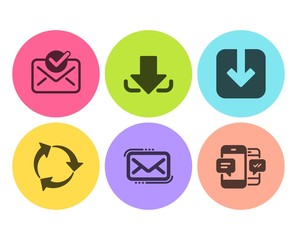 Load document, Messenger mail and Recycle icons simple set. Approved mail, Download and Smartphone sms signs. Download arrowhead, New e-mail. Technology set. Flat load document icon. Circle button