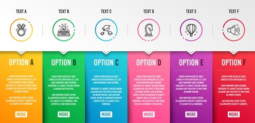 Air balloon, Honor and Marketing strategy icons simple set. Throw hats, Typewriter and Loud sound signs. Sky travelling, Medal. Education set. Infographic template. 6 steps timeline. Business options
