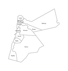 Vector isolated illustration of simplified administrative map of Jordan. Borders and names of the governorates (regions). Black line silhouettes