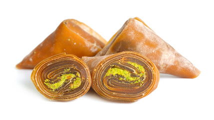 Keyifce Antep Fistikli Pekmezli ozel pestil - Dessert with Pistachio and grape pastila. Isolated on white background