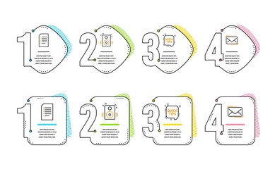 Quick tips, Speakers and Document icons simple set. Messenger mail sign. Helpful tricks, Sound, Information file. New e-mail. Education set. Infographic timeline. Line quick tips icon. Vector